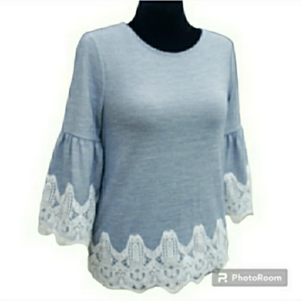 Chico's Top French Pinstripe Lantern Sleeve Blue White Stretch MED π¦RETAIL $89- - Picture 3 of 11